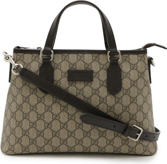 Gucci Beige Brown Dark Brown Gg Supreme Canvas Leather Handbag Shoulder Bag Tote Bag (Pre-Owned)