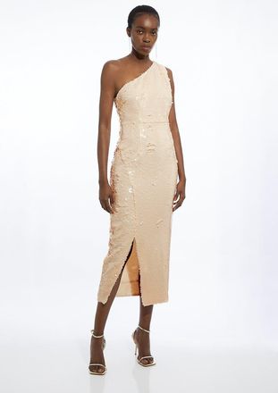 Karen Millen Layered Sequin One Shoulder Woven Split Midi Dress