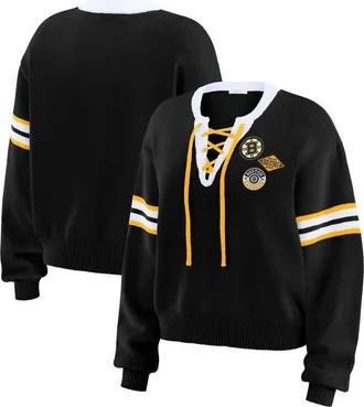 WEAR by Erin Andrews Womens WEAR by Erin Andrews Black Boston Bruins Cropped Lace-Up Sweater at Nordstrom, Size Medium