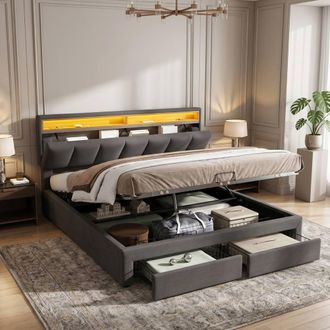 Merax Grey 4ft6 Double LED Ottoman Storage Bed with 2 Drawers