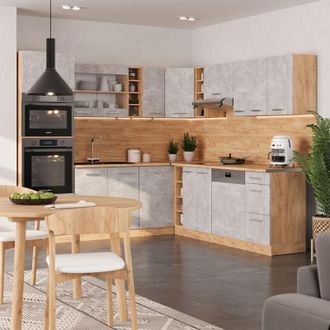 Vicco Cocina Esquinera R-line, Hormig&oacute;n/roble Dorado, 237 X 60 Cm Sin Encimera