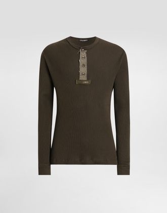 Dolce & Gabbana Ribbed Cotton Serafino T-shirt - Man T-shirts And Polos Grey 50