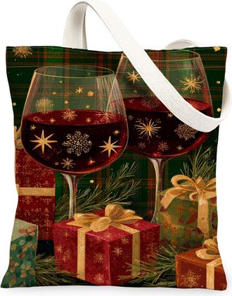 Generic Christmas Wine Glass Canvas Tote Bag, Holiday Stars Pattern Reusable Bags, Vintage Lightweight Washable Shoulder Strap Canv, Green, 13x15 Inch