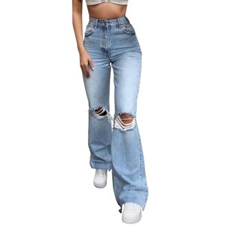 Generic Womens Versatile Ripped Flared Jeans Classic Waist Stretchy Loose Wash Slim Pants Women Pockets Zipper Slim-fit Denim Jean Streetwear Casual Long Hole