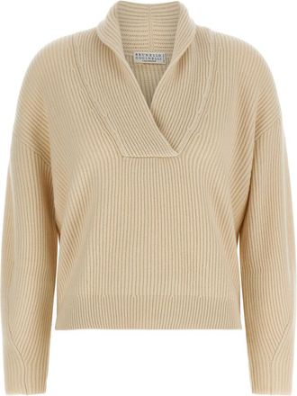 Brunello Cucinelli Beige Knitted Shawl Neck Sweater