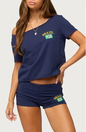 Edikted Brazilian Babe Off the Shoulder T-Shirt in Navy at Nordstrom, Size X-Small