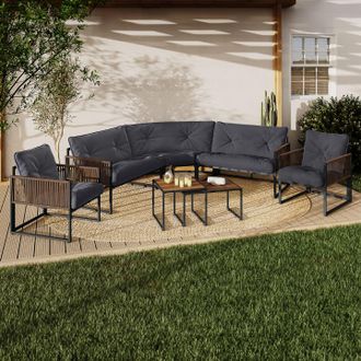 IDMarket Conjunto De Muebles Bajos De Jard&iacute;n Rio De 8 Plazas Con Estructura De Metal Y Cordaje Efecto Rat&aacute;n Y Cojines Grises