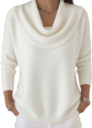 Generic Womens Soft and Elegant Solid Color Ruffled Collar Sweater Top, Casual Loose Fashion Cowl Neck Long Sleeve Tops (UK, Alpha, M, Regular, Regular, White