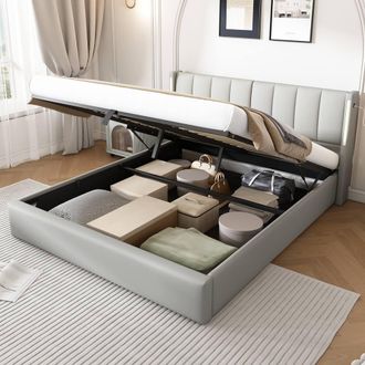 Matteo Grey King Size Upholstered LED Bed with USB Charging & Storage
