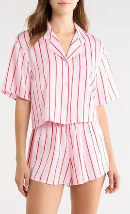 Open Edit Boxy Stretch Satin Short Pajamas in Pink- Red Alto Stripe at Nordstrom, Size X-Small