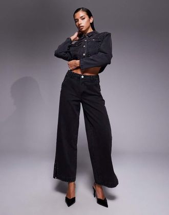 Liquor & Poker Jeans dritti a vita medio alta nero slavato con cuciture con strass in coordinato