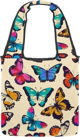 Generic Colorful Butterflies Pattern Reversible Canvas Shoulder Tote - Double-Sided Print, 12oz Cotton, 27cm Drop, Fold-Flat Bag for Travel, Shopping, Street 