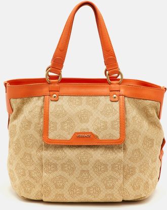 Versace Medusa Beige Canvas And Leather Tote