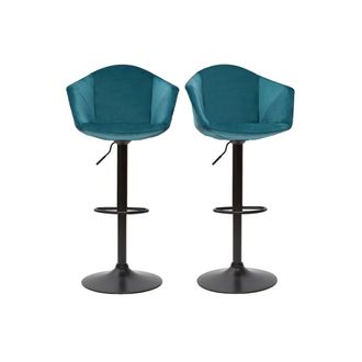 Miliboo Set De 2 Taburetes De Cocina Ajustables 360&ordm; De Terciopelo Azul Petr&oacute;leo Y Metal Taya