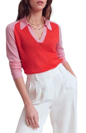 Boden Agnes Colorblock Johnny Collar Sweater in Sunkissed Coral/Orchid Smoke at Nordstrom, Size X-Large