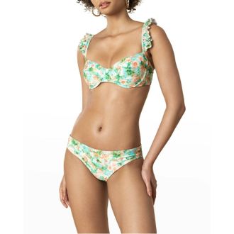 Shoshanna Dream Floral Winged Bra Top In Watercolor Green/coral