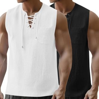 Generic 2 Pack Mens Tank Tops Sleeveless T Shirts Cotton Linen Lace Up Shirt with Pocket Summer Beach Tshirt Vest Workout Tee Franelas para Hombres(White+Blac