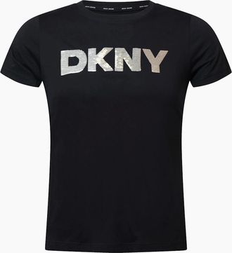 DKNY Womens Sequin Logo Crew Neck T-Shirt - Multi/Black - Size: 18/16