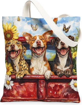 Generic Spring Corgi Dog Canvas Tote Bag for Shopping 13x15, Truck Garden Daisy Scenic Puppy Reusable Grocery Print Bag for Women, Pet Beach Aesthetic Paintin