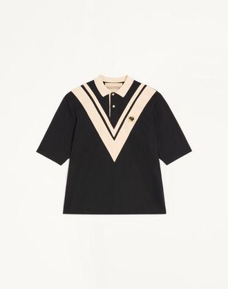 Valentino Valentino Cotton Polo with Inlaid V and Embroidered Panther Patch