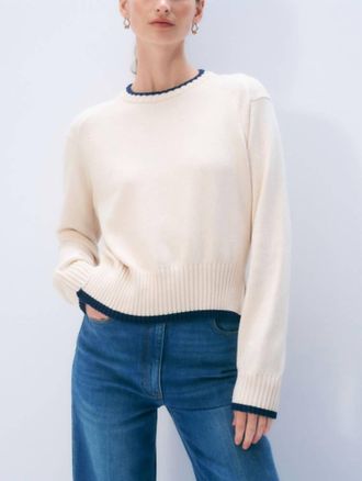 White + Warren Varsity Cotton Crewneck Top In White