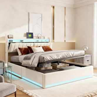 OEM Cama 140x200 - Capitonn&eacute; - Cofre Hidr&aacute;ulico - Cabecera De Terciopelo Beige Led+usb - Metal 12 Listones 280kg