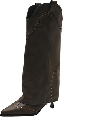 Generic Coffee Ladies Casual Knee High Boots Solid Color Pointed Toe High Heel for Everyday Comfort and Adventures