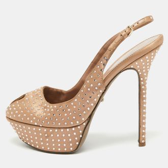 Sergio Rossi Light Brown Crystal Embellished Satin Peep Toe Platform Slingback Pumps