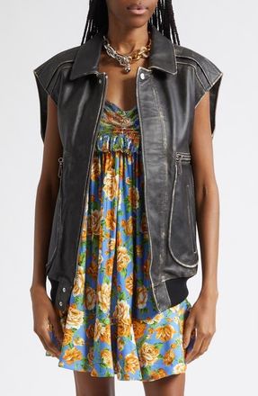 Paco Rabanne Weathered Leather Vest in Black at Nordstrom, Size 6 Us