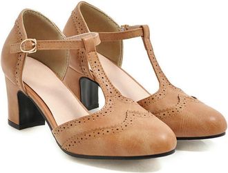 Generic Womens Chunky Heel Brogue Pumps with T-Strap for Office, Party and Formal Events,Yellow,7.5 UK