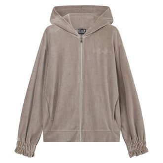Emporio Armani Athletic Velour Full-Zip Hoodie - Dames - Sweatshirts & Hoodies - Beige - Maat: M Katoen