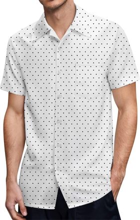 Generic Short Sleeve Shirt for Men, Regular Fit, Polka Dot Shirt with Pocket, Casual Button Shirt Mens Shirt Striped, White, XL