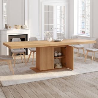 IDMarket Juliette Mesa De Comedor Rectangular Extensible 8-12 Personas Con Pata Central Efecto Listones Y Almacenaje 200-250 Cm
