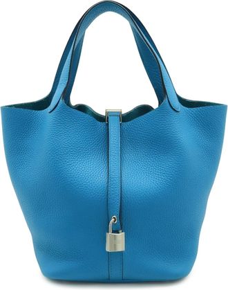 Herm&egrave;s Picotin Blue Taurillon Clemence Leather Handbag Tote Bag (Pre-Owned)