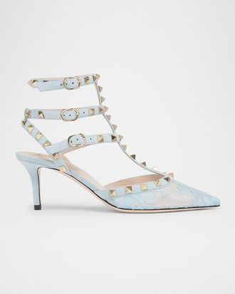 Valentino Garavani 65mm Rockstud Lace Ankle-Strap Pumps