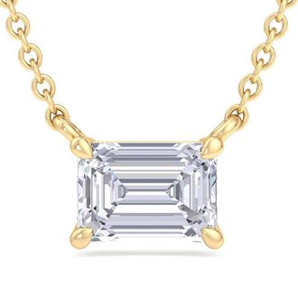 SuperJeweler Emerald Cut Lab Grown Diamond Pendant Necklace in 14K White or Yellow Gold - 1/4 to 7 Carat Total Weight - Classic Solitaire Setting for Women