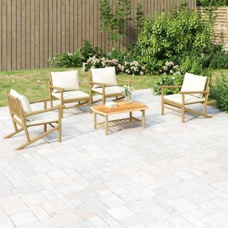 vidaXL Vidaxl - Set De Muebles De Jard&iacute;n 5 Piezas Bamb&uacute; Y Cojines Blanco Crema