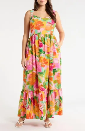 Sugarlips Jovana Floral Smocked Tie Shoulder Maxi Dress in Pink/multi at Nordstrom, Size 3X