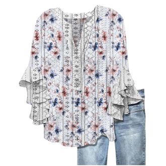 Generic Blouses for Women UK Womens Tops Casual Ruffle 3/4 Sleeve Shirts V Neck Button Up Baggy Top Plus Size Floral Printed Tee Eyelet Hollow Spring Summer B
