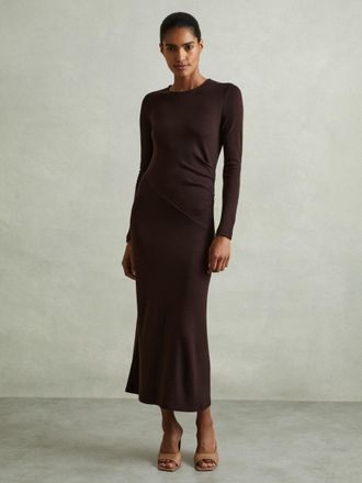 Reiss Womens Burgundy Wool Ruched Detail Midi Dress, Size: XS