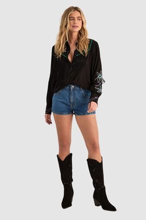 NASTY GAL Embroidered Fringe Western Shirt in Black at Nordstrom, Size 12