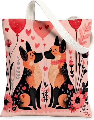 Generic Valentines Day German Shepherd Dog Canvas Tote Bag for Shopping 13x15, Fun Couple Puppy Reusable Grocery Print Pattern Bag for Women, Lover Beach Aest
