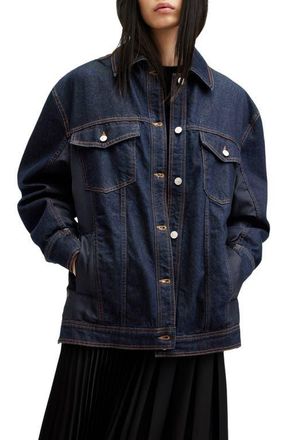 AllSaints Dillan Mixed Media Trucker Jacket in Navy Blue at Nordstrom, Size Large