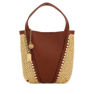 Chlo&eacute; Two-Tone Leather And Raffia Bucket Bag Claybrown Borse A Mano