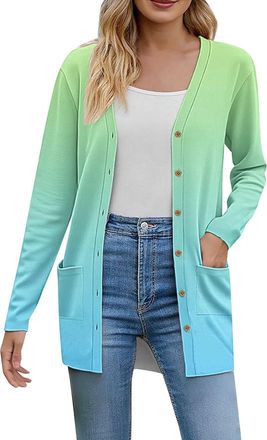 Generic HUIFUAO Ladies Cardigans Size 16 White Knitted Jumper Button Down Open Front Sweater Cardigans Long Sleeve Gradient Outerwear with Pocket (Light Blue,