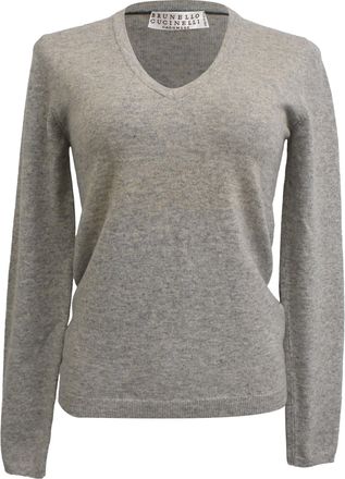Brunello Cucinelli V-Neck Elbow-Patch Sweater in Grey Cashmere