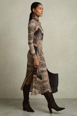 Reiss Naomi Brown Snake-print Draped Midi Dress, S, Brown & black