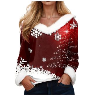 Generic Christmas Sweatshirt for Women UK Sexy Slim Xmas Tops Soft Long Sleeve Cozy Holiday Sweater Christmas Tree and Snowflake Printed Jumpers Funny Soft Ne