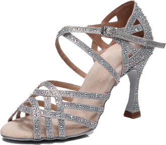 Miyoopark Womens Salsa Latin Dance Shoes with Rhinestones Wedding Evening Sandals Z030 Silver 9cm Heel UK 6.5