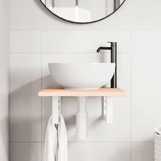 Berkfield Home Elegant Basin Shelf Wall Mounted Steel & Solid Wood Oak in Brown